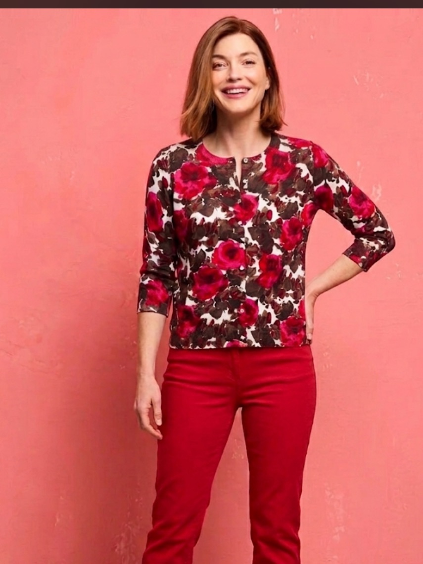 Vintage Talbots 2x Women's Red Brown Floral Button-Front Cardigan Sweater